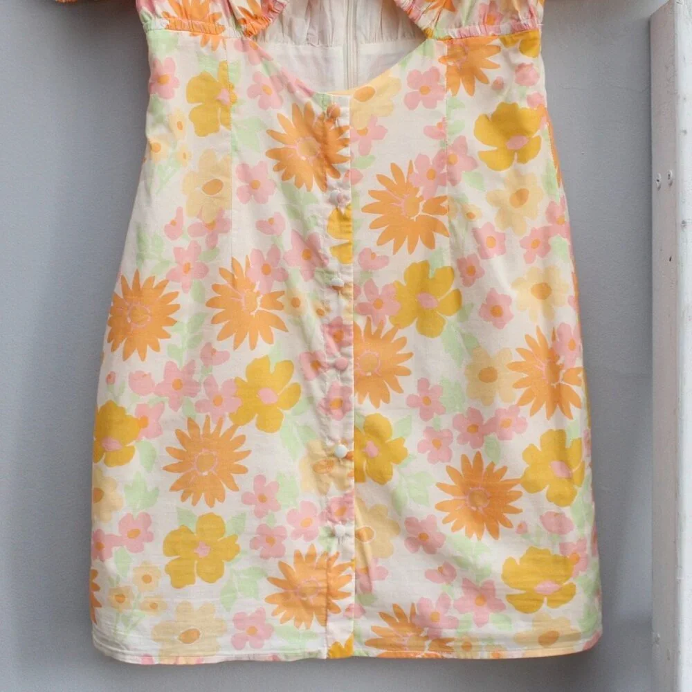 SABO Enga Dress Sunny Floral Orange Bust Cutout Puff Sleeve Mini Dess SZ Medium - Picture 7 of 8